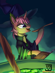 Size: 1500x2000 | Tagged: safe, artist:jedayskayvoker, oc, oc only, oc:almira, book, cauldron, curved horn, halloween, holiday, horn, open mouth, solo, spellbook, tongue out, wooden spoon, ych result