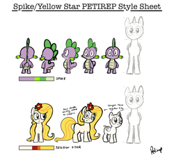 Size: 1280x1179 | Tagged: safe, artist:petirep, character:spike, oc, oc:yellowstar, species:pony, species:unicorn, fanfic:the star in yellow, female, filly, flower, flower in hair, looking at you, mentally advanced series, rainbow dash presents, reference sheet, size comparison, smiling, text