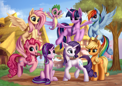 Size: 6880x4860 | Tagged: safe, artist:setharu, character:applejack, character:fluttershy, character:pinkie pie, character:rainbow dash, character:rarity, character:spike, character:starlight glimmer, character:twilight sparkle, character:twilight sparkle (alicorn), species:alicorn, species:dragon, species:earth pony, species:pegasus, species:pony, species:unicorn, absurd resolution, chest fluff, clothing, cowboy hat, cute, cutie mark, female, flying, grass, group photo, happy, hat, heart, lidded eyes, looking at each other, looking at you, looking back, looking down, looking up, male, mane eight, mane seven, mane six, mare, open mouth, plot, ponyville, pronking, raised hoof, raised leg, sitting, sky, smiling, smirk, spread wings, tree, underhoof, winged spike, wings
