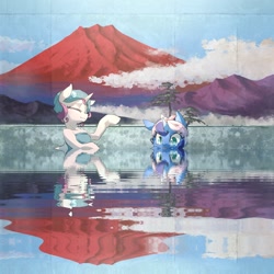Size: 1280x1280 | Tagged: safe, artist:toki, edit, character:princess celestia, character:princess luna, alternate hairstyle, bath, cloud, cute, duo, eyes closed, hair up, hot springs, mountain, reflection, relaxing, ripple, smiling, tongue out, towel, water