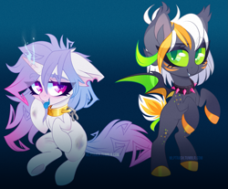 Size: 1775x1467 | Tagged: safe, artist:zombie, oc, oc only, oc:dree deray, oc:frizzle frisk, species:bat pony, species:pony, species:unicorn, bat pony oc, chains, choker, female, floppy ears, gradient background, looking at you, mare, smiling, tongue out