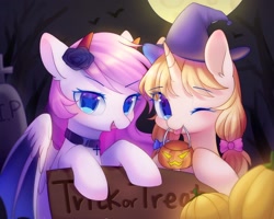 Size: 2000x1600 | Tagged: safe, artist:leafywind, oc, oc only, species:pony, species:unicorn, blep, clothing, costume, duo, female, full moon, halloween, halloween costume, hat, holiday, jack-o-lantern, mare, moon, night, one eye closed, open mouth, pumpkin, pumpkin bucket, sign, silly, smiling, tongue out, wink, witch hat