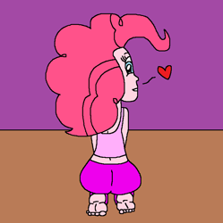Size: 748x752 | Tagged: safe, artist:logan jones, character:pinkie pie, species:human, my little pony:equestria girls, ass, balloonbutt, barefoot, behind, clothing, feet, female, heart, looking at you, looking back, pants, soles, sweatpants, tank top, toes