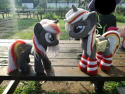 Size: 901x676 | Tagged: safe, artist:epicrainbowcrafts, character:pinkamena diane pie, character:pinkie pie, oc, oc:velvet remedy, species:pony, species:unicorn, fallout equestria, clothing, cute, cutie mark, fanfic, female, fluttershy medical saddlebag, grass, hooves, horn, irl, mare, medical saddlebag, photo, plushie, saddle bag, socks, striped socks, table