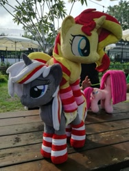 Size: 507x676 | Tagged: safe, artist:epicrainbowcrafts, character:pinkamena diane pie, character:pinkie pie, character:sunset shimmer, oc, oc:velvet remedy, species:earth pony, species:pony, species:unicorn, fallout equestria, clothing, cute, cutie mark, fanfic, fanfic art, female, fluttershy medical saddlebag, grass, hooves, horn, irl, mare, medical saddlebag, photo, saddle bag, socks, striped socks, table