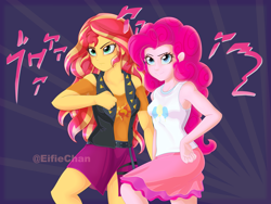 Size: 4000x3000 | Tagged: safe, artist:eifiechan, character:pinkie pie, character:sunset shimmer, g4, my little pony: equestria girls, my little pony:equestria girls, anime, clothing, crossover, female, gold experience requiem, jacket, jojo pose, jojo's bizarre adventure, leather, leather jacket, miniskirt, missing accessory, new outfit, skirt, smiling, sunburst background