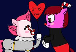 Size: 732x503 | Tagged: safe, artist:logan jones, character:pinkie pie, oc, oc:logan berry, alternate hairstyle, balloon, blushing, canon x oc, clothing, clown, costume, cuphead, cuphead (character), female, halloween, halloween costume, heart balloon, holiday, it, loganpie, makeup, male, nightmare night, pennywise, pinkiewise, red nose, straw