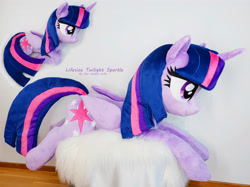 Size: 3546x2659 | Tagged: safe, artist:epicrainbowcrafts, character:twilight sparkle, character:twilight sparkle (alicorn), species:alicorn, species:pony, female, folded wings, horn, irl, lidded eyes, life size, mare, photo, plushie, ponyloaf, prone, solo, wings