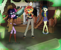 Size: 5978x4865 | Tagged: safe, artist:invisibleink, character:juniper montage, character:sunset shimmer, character:twilight sparkle, character:twilight sparkle (scitwi), species:eqg human, g4, my little pony: equestria girls, my little pony:equestria girls, absurd resolution, clock, clothing, costume, daphne blake, deerstalker, detective, ghost, ghostbusters, halloween, halloween 2018, hat, holiday, house, sherlock holmes