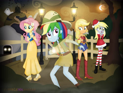 Size: 6400x4867 | Tagged: safe, artist:invisibleink, character:applejack, character:daring do, character:derpy hooves, character:fluttershy, character:rainbow dash, my little pony:equestria girls, absurd resolution, autumn, bare shoulders, christmas, clothing, costume, halloween, halloween 2018, hat, holiday, house, moon, santa costume, santa hat, snow white, strapless, tree, wonder woman, wonderjack