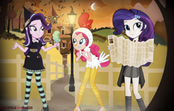 Size: 7080x4489 | Tagged: safe, artist:invisibleink, character:pinkie pie, character:rarity, character:starlight glimmer, my little pony:equestria girls, absurd resolution, animal costume, autumn, barn, chicken pie, chicken suit, clothing, costume, farm, fence, food, halloween, halloween 2018, hat, hay, hermione granger, holiday, hollow shades, ice cream, lamp, map, moon, tree, witch, witch hat