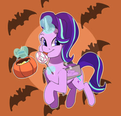 Size: 2200x2100 | Tagged: safe, artist:passigcamel, character:starlight glimmer, species:bat, species:pony, species:unicorn, candy, clothing, costume, cute, eating, fake wings, female, food, glimmerbetes, glowing horn, halloween, holiday, lollipop, looking at you, magic, mare, mlem, silly, solo, telekinesis, tongue out, trick or treat