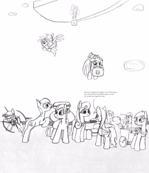 Size: 2199x2544 | Tagged: safe, artist:dsb71013, character:anchors away, oc, oc:amber spark, oc:maplejack, oc:misty monsoon, oc:night cap, oc:rhapsody, oc:snowy skies, oc:static signal, species:earth pony, species:pegasus, species:pony, species:unicorn, g3, background pony, butt, carrying, cart, cloud, comic, female, flying, g3 to g4, generation leap, glowing horn, horn, luggage, magic, male, mare, monochrome, mouth hold, plot, stallion, suitcase, teleportation