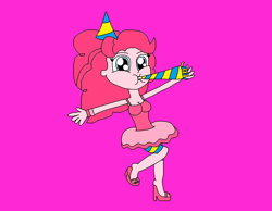 Size: 1606x1246 | Tagged: safe, artist:logan jones, character:pinkie pie, my little pony:equestria girls, alternate clothes, boyshorts, bracelet, breasts, clothing, compression shorts, cute, feet, female, hat, high heels, jewelry, nail polish, noisemaker, panties, party hat, pink background, sandals, shoes, shorts, simple background, skirt, tank top, toes, underwear