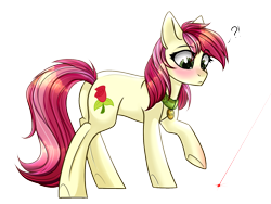 Size: 1600x1200 | Tagged: safe, artist:cloud-fly, character:roseluck, species:earth pony, species:pony, adorarose, behaving like a cat, blushing, collar, cute, digital art, female, laser pointer, looking at something, mare, pet tag, pony pet, rosepet, simple background, solo, transparent background