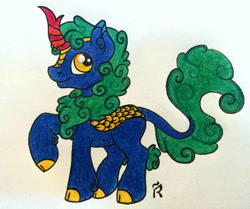 Size: 978x817 | Tagged: safe, artist:dawn-designs-art, oc, oc only, oc:midnight tales, species:kirin, species:pony, blue coat, cloven hooves, colored hooves, colored pencil drawing, green mane, kirin oc, male, raised hoof, red horn, solo, stallion, traditional art, yellow eyes