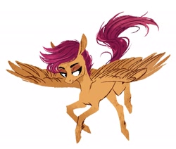 Size: 2482x2109 | Tagged: safe, artist:weird--fish, character:scootaloo, species:pegasus, species:pony, female, filly, lidded eyes, scootaloo can fly, simple background, smiling, solo, white background