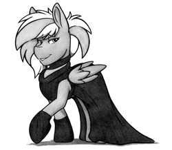 Size: 4159x3626 | Tagged: safe, artist:denzel, oc, oc only, oc:zeny, species:pegasus, species:pony, alternate hairstyle, bedroom eyes, black and white, black dress, breakfast at tiffany's, choker, clothing, dress, evening gloves, fancy, female, gloves, grayscale, long gloves, looking at you, mare, monochrome, raised hoof, simple background, smiling, solo, traditional art, white background