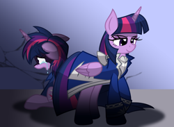 Size: 2600x1900 | Tagged: safe, artist:geraritydevillefort, character:twilight sparkle, character:twilight sparkle (alicorn), species:alicorn, species:pony, clothing, crying, duality, evil grin, female, grin, mondego, monsparkle, open mouth, ponidox, sad, self ponidox, smiling, the count of monte cristo, the count of monte rainbow
