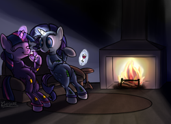 Size: 800x582 | Tagged: safe, artist:cheshiresdesires, character:rarity, character:twilight sparkle, alcohol, clothing, couch, drink, drinking, fireplace, pajamas, wine