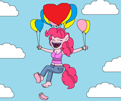 Size: 1672x1396 | Tagged: safe, artist:logan jones, character:pinkie pie, species:anthro, balloon, barefoot, breasts, busty pinkie pie, clothing, cloud, cute, eyes closed, feet, female, flip-flops, floating, happy, jeans, one shoe off, open mouth, pants, sandals, sky, soles, solo, tank top, then watch her balloons lift her up to the sky, toes