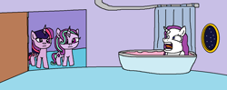 Size: 1261x499 | Tagged: safe, artist:logan jones, character:rarity, character:starlight glimmer, character:twilight sparkle, character:twilight sparkle (alicorn), species:alicorn, species:pony, bath, bathroom, bathtub, blank stare, door, have you seen this snail?, interrupted, night, screaming, shower curtain, spongebob squarepants, we don't normally wear clothes, wet mane, where's gary, window