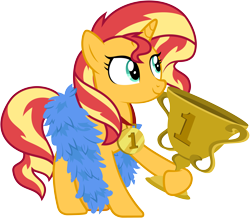 Size: 6867x6000 | Tagged: safe, artist:pirill, character:sunset shimmer, species:pony, species:unicorn, episode:best gift ever, g4, my little pony: friendship is magic, .ai available, 1st place, absurd resolution, best pony, feather boa, female, mare, medal, show accurate, simple background, smiling, solo, transparent background, trophy, vector