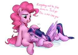 Size: 1280x894 | Tagged: safe, artist:luciferamon, character:pinkie pie, character:twilight sparkle, character:twilight sparkle (alicorn), species:alicorn, species:earth pony, species:pony, comforting, crying, dialogue, duo, female, floppy ears, mare, misleading thumbnail, not cum, open mouth, prone, sad, simple background, sitting, snot, white background