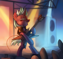 Size: 1148x1080 | Tagged: safe, artist:jedayskayvoker, oc, oc only, species:pony, species:unicorn, audience, bipedal, clothing, concert, electric guitar, eyes closed, female, guitar, punk, solo, stage