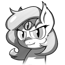 Size: 3000x3000 | Tagged: safe, artist:petirep, oc, oc only, species:bat pony, species:pony, buck legacy, card art, fangs, female, grayscale, jewel, jewelry, looking at you, mare, monochrome, simple background, slit eyes, solo, transparent background