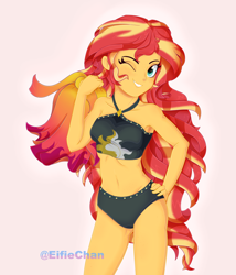 Size: 3000x3500 | Tagged: safe, artist:eifiechan, character:sunset shimmer, equestria girls:forgotten friendship, g4, my little pony: equestria girls, my little pony:equestria girls, adorasexy, armpits, belly button, bikini, bikini babe, black swimsuit, breasts, clothing, commission, cute, cutie mark swimsuit, female, freckles, jeweled swimsuit, looking at you, one eye closed, sarong, sexy, shimmerbetes, sleeveless, smiling, solo, stupid sexy sunset shimmer, summer sunset, sunset swimsuit, swimsuit, underass, undressed, wink