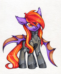 Size: 1280x1564 | Tagged: safe, artist:lispp, oc, oc only, oc:silvia noctis, species:bat pony, species:pony, armor, bat pony oc, commission, fangs, female, looking at you, mare, simple background, smiling, solo, traditional art, white background