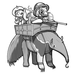 Size: 2000x2000 | Tagged: safe, artist:petirep, oc, oc only, oc:queen lunanne, species:pony, species:unicorn, anteater, antlers, buck legacy, card art, clothing, facial hair, gun, hat, hunter, hunting rifle, jabot, monochrome, monocle, moustache, muttonchops, pith helmet, riding, rifle, simple background, tongue out, transparent background, van pelt, weapon