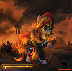 Size: 1520x1500 | Tagged: safe, artist:jedayskayvoker, oc, oc only, oc:asuna, species:earth pony, species:pegasus, species:pony, fallout equestria, alien blaster, clothing, commission, fallout, fallout 4, female, feral ghouls, ghoul, glowing sea (fallout 4), hooves, mare, patreon, patreon logo, pipbuck, solo, star blaster, weapon, ych result