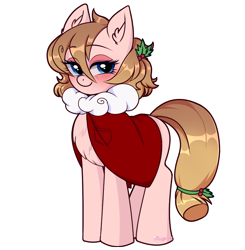 Size: 840x856 | Tagged: safe, artist:kei kun, oc, oc only, oc:sweetiemilk, species:earth pony, species:pony, blushing, chest fluff, christmas, clothing, costume, cute, female, holiday, holly, leaf, looking at you, mare, santa costume, signature, simple background, smiling, transparent background, wingding eyes