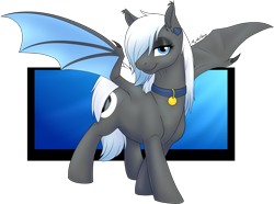 Size: 1673x1246 | Tagged: safe, artist:mythpony, oc, oc only, oc:moonlight melody, species:bat pony, species:pony, abstract background, bat pony oc, bat wings, bedroom eyes, collar, dog tags, ear fluff, ear piercing, female, gift art, looking at you, mare, piercing, smiling, solo, spread wings, standing, wing claws, wings