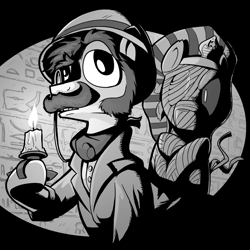 Size: 2000x2000 | Tagged: safe, artist:petirep, oc, oc only, species:pony, bandage, black and white, buck legacy, candle, card art, clothing, egyptian, facial hair, grayscale, hat, hieroglyphics, male, monochrome, monocle, moustache, mummy, muttonchops, pith helmet, snake, uraeus