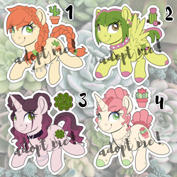 Size: 4000x4000 | Tagged: safe, artist:partylikeanartist, oc, oc only, species:earth pony, species:pegasus, species:pony, species:unicorn, adoptable, adopts, bangles, bracelet, braid, cactus, charm bracelet, choker, collar, ear piercing, earring, female, jewelry, mare, necklace, ombre hair, piercing, plant, spiked choker, succulents