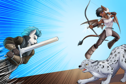 Size: 3600x2400 | Tagged: safe, artist:d-lowell, oc, oc:onyx quill, oc:swift seraphic, species:anthro, species:kirin, species:pegasus, species:pony, species:snow leopard, action pose, armpits, big cat, bow, executioner sword, fight, horns, octopath traveler, sword, swyx, tail, weapon, wings