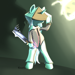 Size: 800x800 | Tagged: safe, artist:cheshiresdesires, character:lyra heartstrings, species:pony, species:unicorn, badass, bipedal, clothing, crossover, dust (character), dust: an elysian tail, hat, hidden eyes, parody, sword, weapon