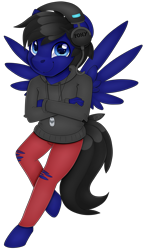 Size: 5058x8640 | Tagged: safe, artist:partylikeanartist, oc, oc only, oc:water horse, species:anthro, species:pegasus, species:pony, species:unguligrade anthro, absurd resolution, clothing, commission, dog tags, headphones, hoodie, male, officalwaterhorse, pants, simple background, smiling, solo, torn clothes, transparent background