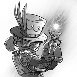 Size: 3000x3000 | Tagged: safe, artist:petirep, oc, oc only, oc:master engineer chet, species:pony, black and white, buck legacy, card art, clothing, coat, female, goggles, grayscale, gun, hat, mare, monochrome, ponytail, steampunk, top hat, weapon