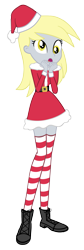 Size: 997x2966 | Tagged: safe, artist:invisibleink, character:derpy hooves, my little pony:equestria girls, belt, belt buckle, christmas, clothing, coat, costume, female, festive, hat, holiday, santa costume, santa hat, shoes, simple background, socks, solo, stockings, striped socks, thigh highs, transparent background, vector