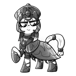 Size: 3000x3000 | Tagged: safe, artist:petirep, oc, oc only, oc:high priestess tathra, species:pony, armor, beetle, black and white, buck legacy, card art, egyptian, female, grayscale, helmet, jewelry, mare, monochrome, necklace, simple background, solo, thick eyebrows, thick eyelashes, tiara, transparent background