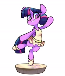 Size: 1977x2325 | Tagged: safe, alternate version, artist:sourspot, character:twilight sparkle, character:twilight sparkle (alicorn), species:alicorn, species:pony, ballerina, ballet slippers, clothing, cute, female, looking down, mare, pose, simple background, smiling, solo, tutu, twiabetes, twilarina, white background