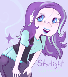 Size: 1330x1513 | Tagged: safe, artist:php93, character:starlight glimmer, my little pony:equestria girls, bent over, hatless, missing accessory, name, smiling