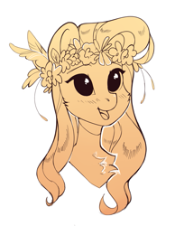 Size: 993x1280 | Tagged: safe, artist:lispp, character:fluttershy, species:pony, bust, cheek fluff, chest fluff, female, floral head wreath, flower, mare, monochrome, open mouth, portrait, simple background, smiling, solo, three quarter view, white background