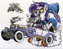 Size: 1151x892 | Tagged: safe, artist:sketchywolf-13, character:derpy hooves, character:opalescence, character:rarity, character:spike, species:dragon, species:pegasus, species:pony, species:unicorn, bloodshot eyes, car, cigarette, cigarette holder, clothing, cup, duesenberg, female, food, gritted teeth, hat, male, mare, monocle, rat fink, tea, teacup