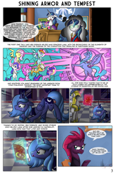 Size: 2980x4504 | Tagged: safe, artist:zsparkonequus, character:applejack, character:fizzlepop berrytwist, character:fluttershy, character:nightmare moon, character:pinkie pie, character:princess luna, character:rainbow dash, character:rarity, character:shining armor, character:tempest shadow, character:twilight sparkle, species:alicorn, species:earth pony, species:pegasus, species:pony, species:unicorn, comic:apprentice tempest, my little pony: the movie (2017), armor, bookshelf, broken horn, bust, clothing, comic, crying, dialogue, elements of harmony, eye scar, flashback, horn, office, portrait, royal guard, scar, speech bubble, stained glass
