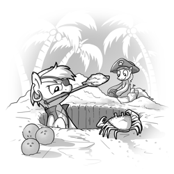 Size: 4000x4000 | Tagged: safe, artist:petirep, oc, oc only, species:crab, species:pony, black and white, buck legacy, bucket, card art, clothing, coconut, digging, ear piercing, eyepatch, food, grayscale, hat, male, monochrome, palm tree, piercing, pirate, sand, sandcastle, shovel, simple background, tree